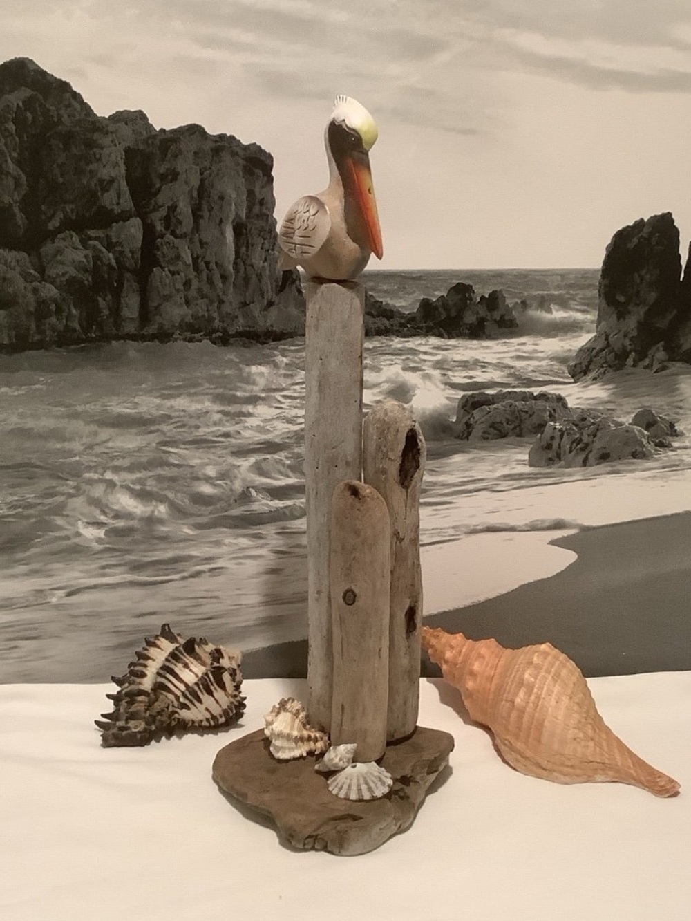 Driftwood Art, Beautiful Carved Wood Pelican, Driftwood Coastal Art
